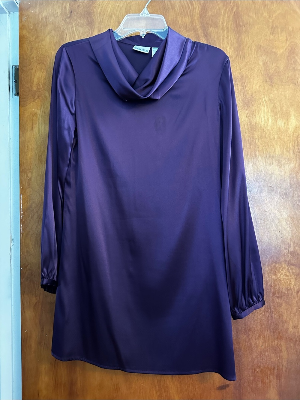 Chico's Plum Satin Cowl Neck Long Sleeve Dress